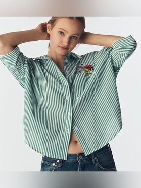 NWT Anthropologie Maeve Mabel Boxy Oxford Green Stripe Embroidered Button SZ XS